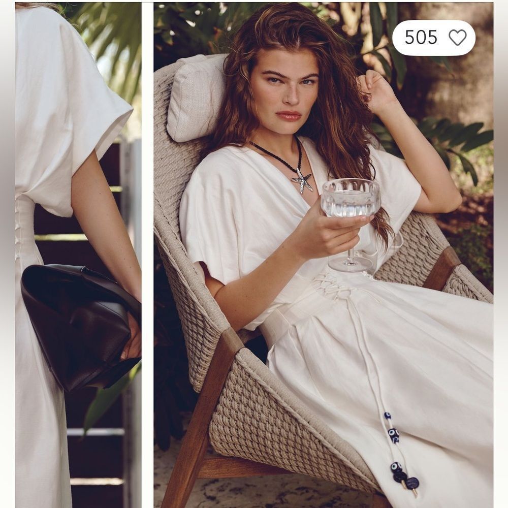 Women's Cream V-Neck Drawstring Maxi Dress